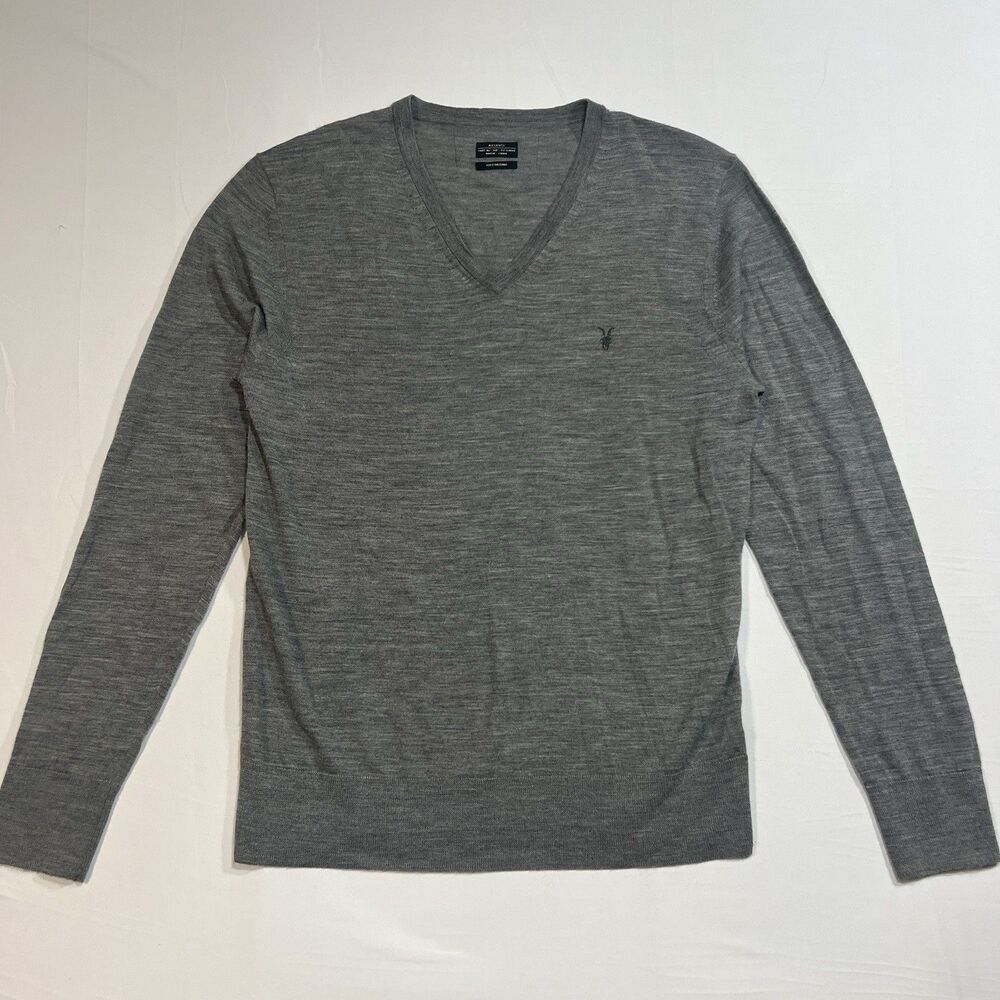 AllSaints Men's Mode Merino Wool V-Neck Sweater Gray Melange Size XXL